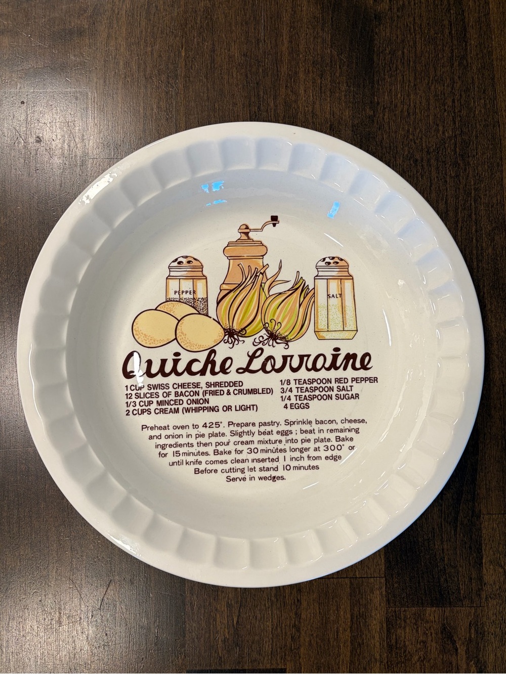 Quiche Lorraine Pie Plate 10.25" Vintage Ceramic Recipe Baking Dish